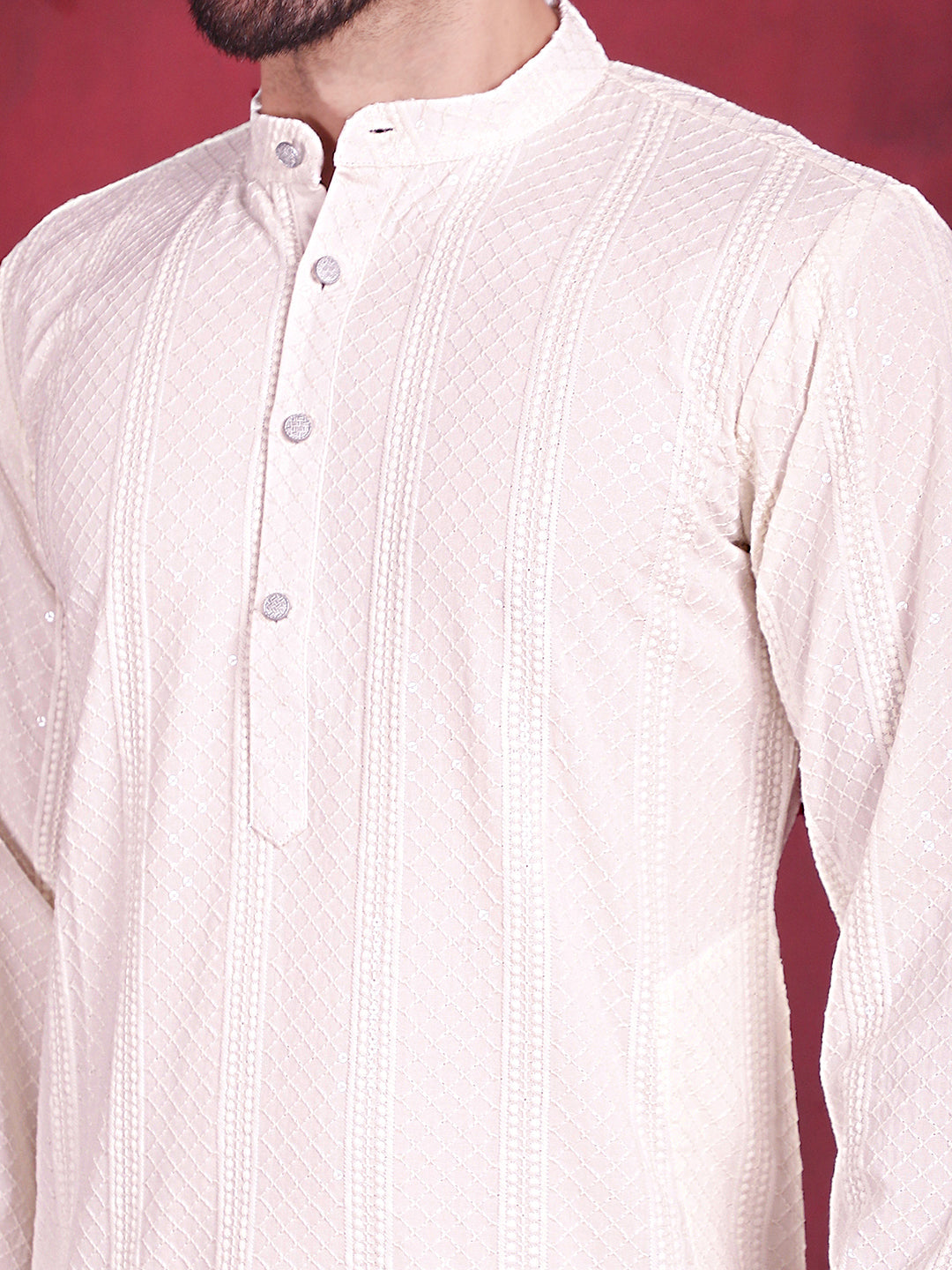 Men's Sequins Chikankari Embroidered Kurta with Pyjama ( JOKP P 5015 White )