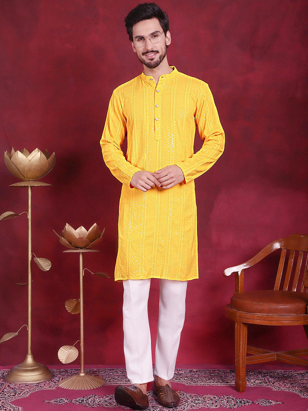 Men's Sequins Chikankari Embroidered Kurta with Pyjama ( JOKP P 5015 Yellow )