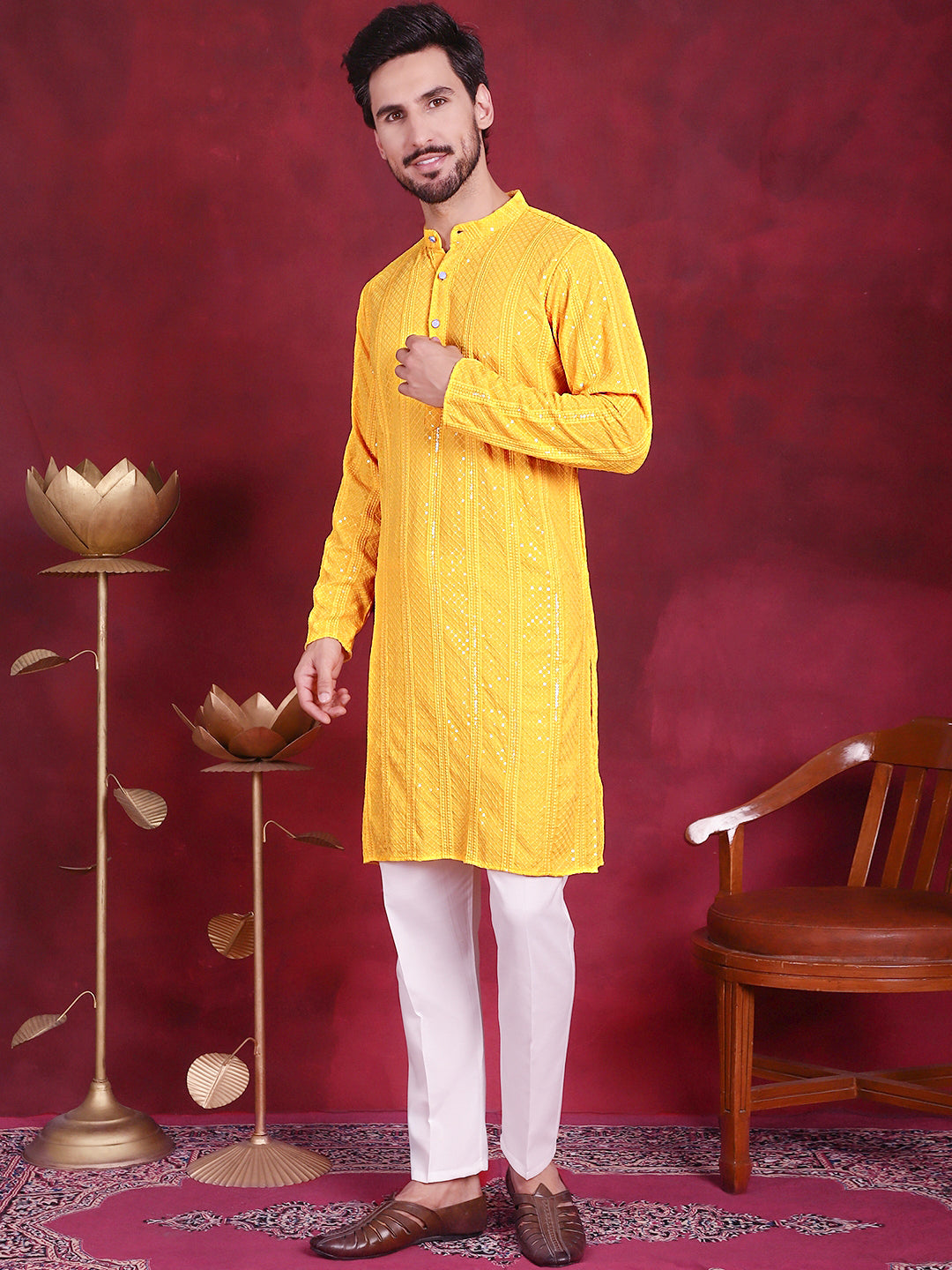 Men's Sequins Chikankari Embroidered Kurta with Pyjama ( JOKP P 5015 Yellow )