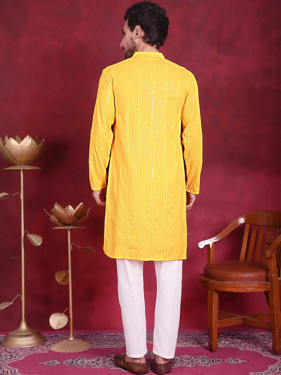 Men's Sequins Chikankari Embroidered Kurta with Pyjama ( JOKP P 5015 Yellow )