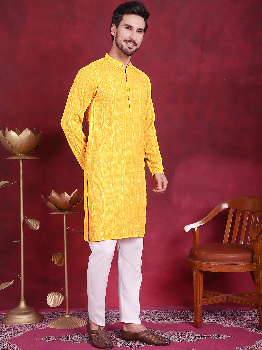 Men's Sequins Chikankari Embroidered Kurta with Pyjama ( JOKP P 5015 Yellow )