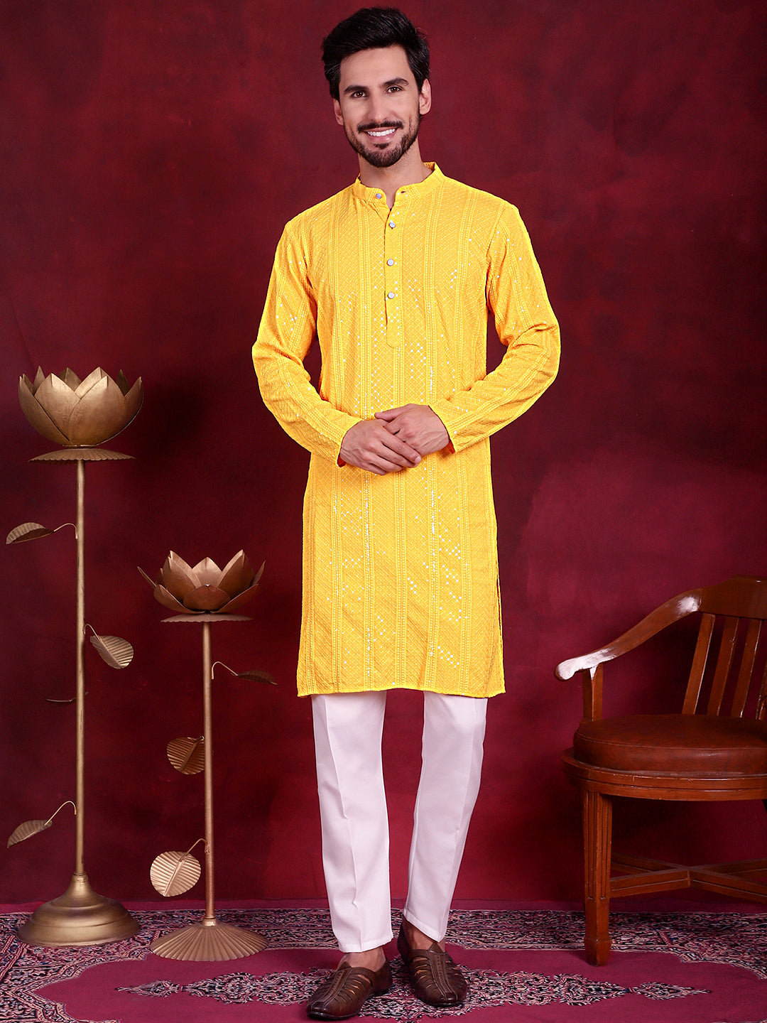 Men's Sequins Chikankari Embroidered Kurta with Pyjama ( JOKP P 5015 Yellow )