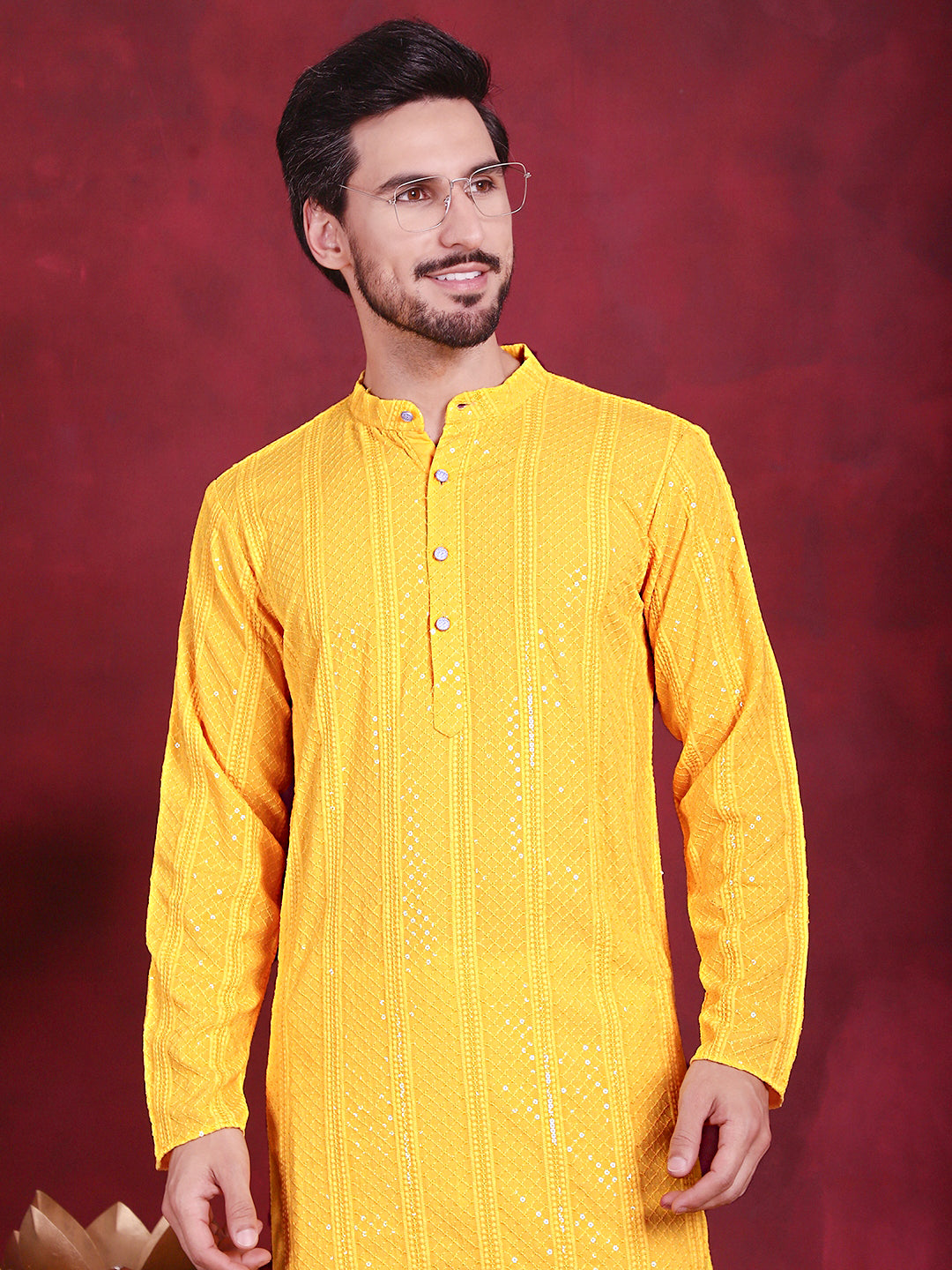 Men's Sequins Chikankari Embroidered Kurta with Pyjama ( JOKP P 5015 Yellow )