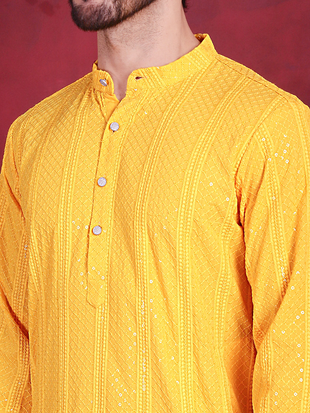 Men's Sequins Chikankari Embroidered Kurta with Pyjama ( JOKP P 5015 Yellow )