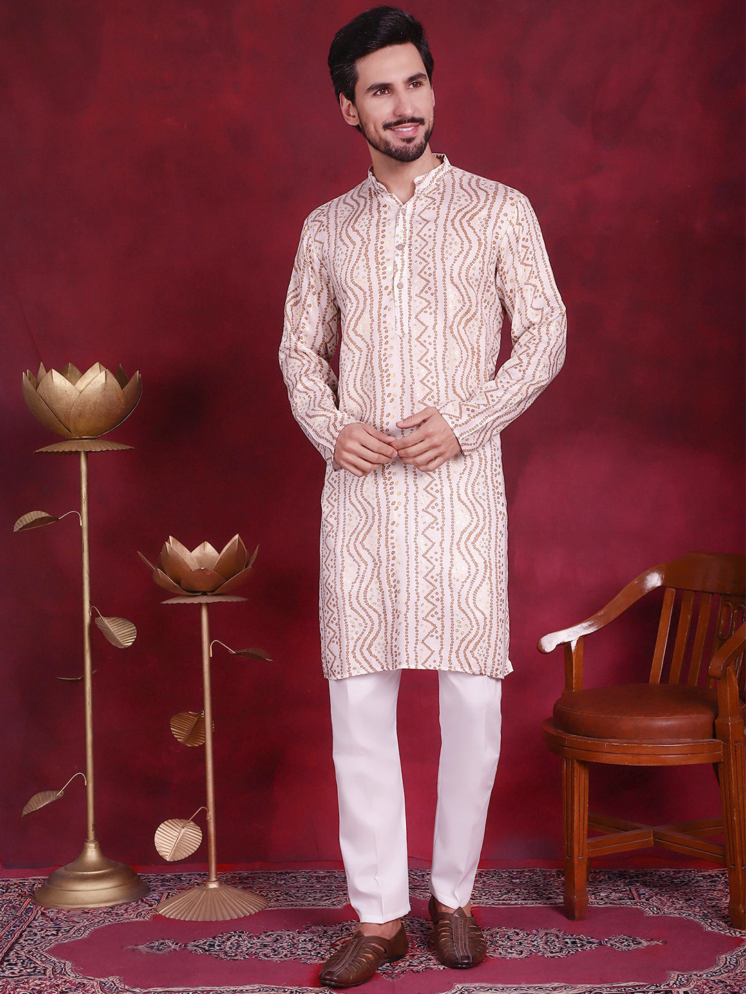 Men's Bandhani Printed Kurta with Pyjama ( JOKP P 5016 Cream )
