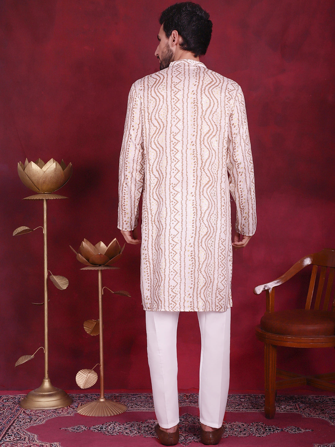Men's Bandhani Printed Kurta with Pyjama ( JOKP P 5016 Cream )