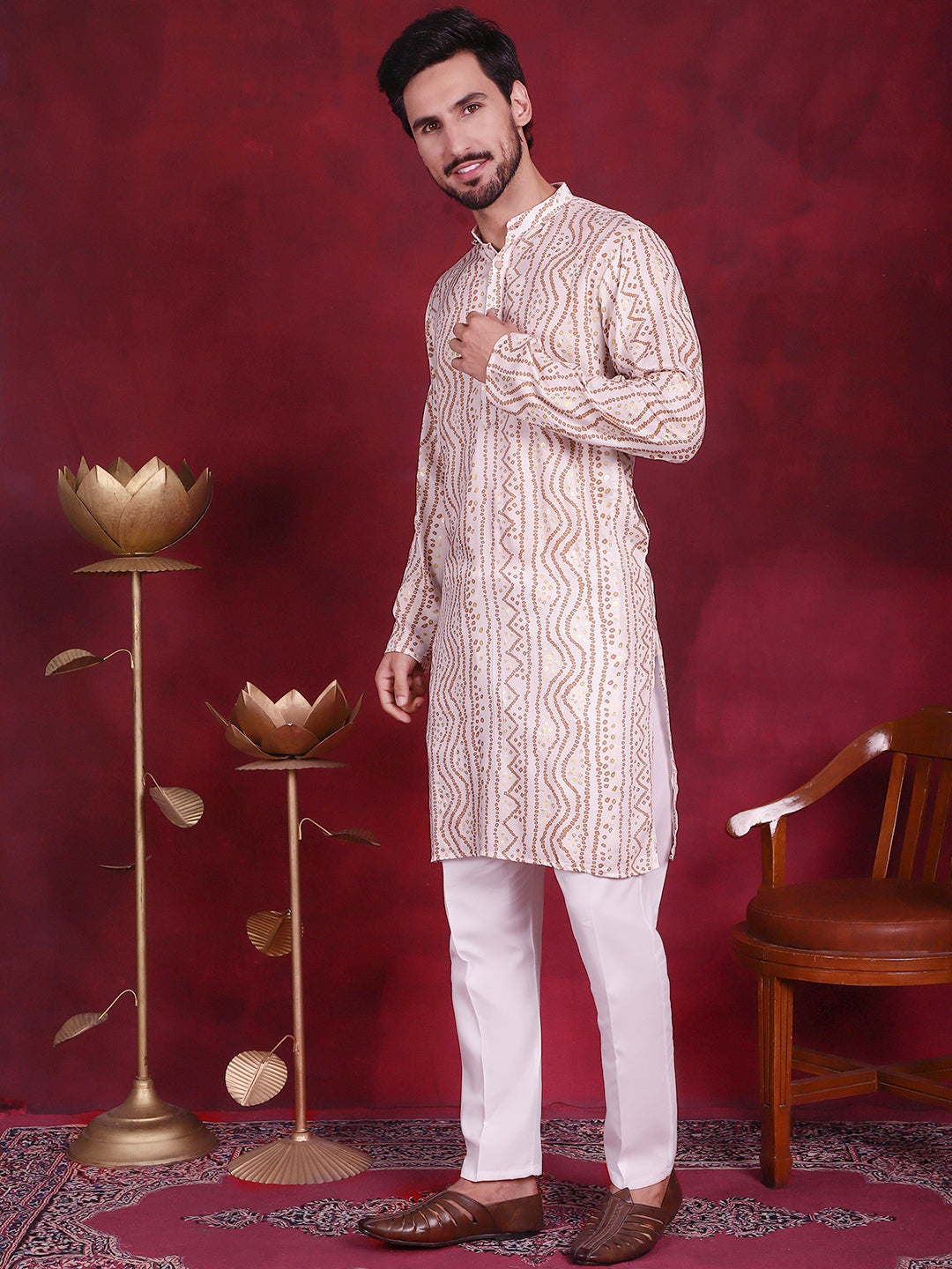 Men's Bandhani Printed Kurta with Pyjama ( JOKP P 5016 Cream )