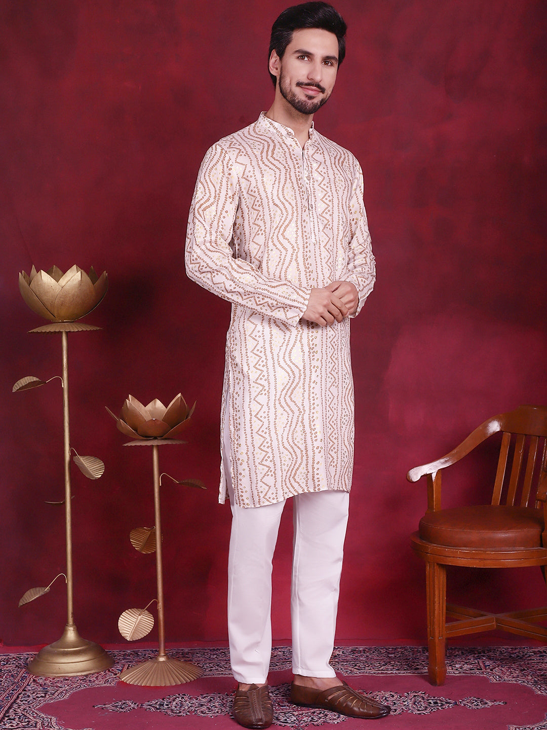 Men's Bandhani Printed Kurta with Pyjama ( JOKP P 5016 Cream )