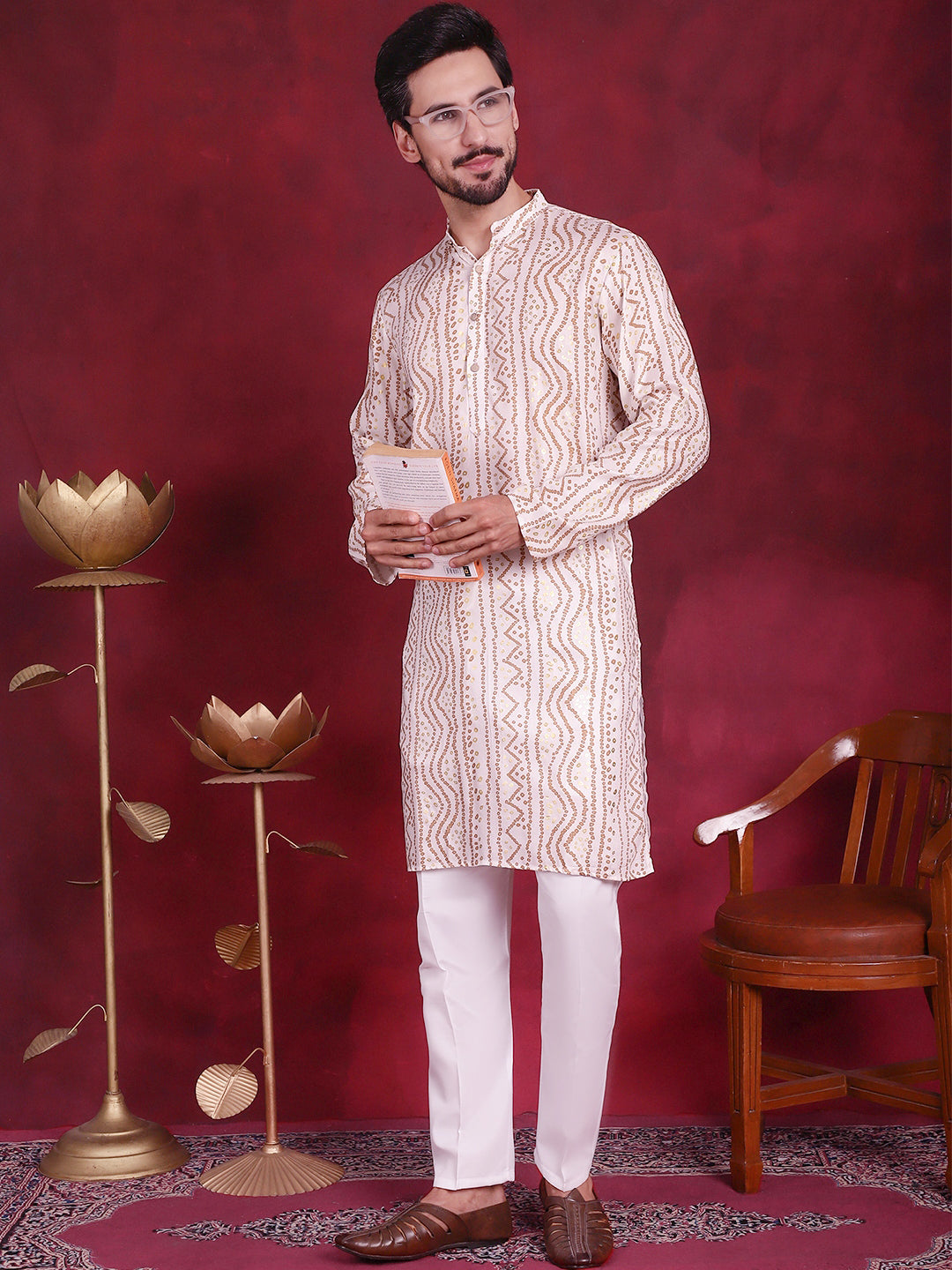 Men's Bandhani Printed Kurta with Pyjama ( JOKP P 5016 Cream )