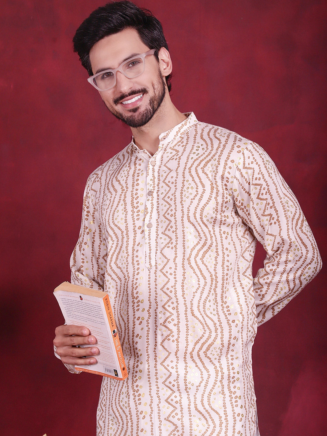 Men's Bandhani Printed Kurta with Pyjama ( JOKP P 5016 Cream )