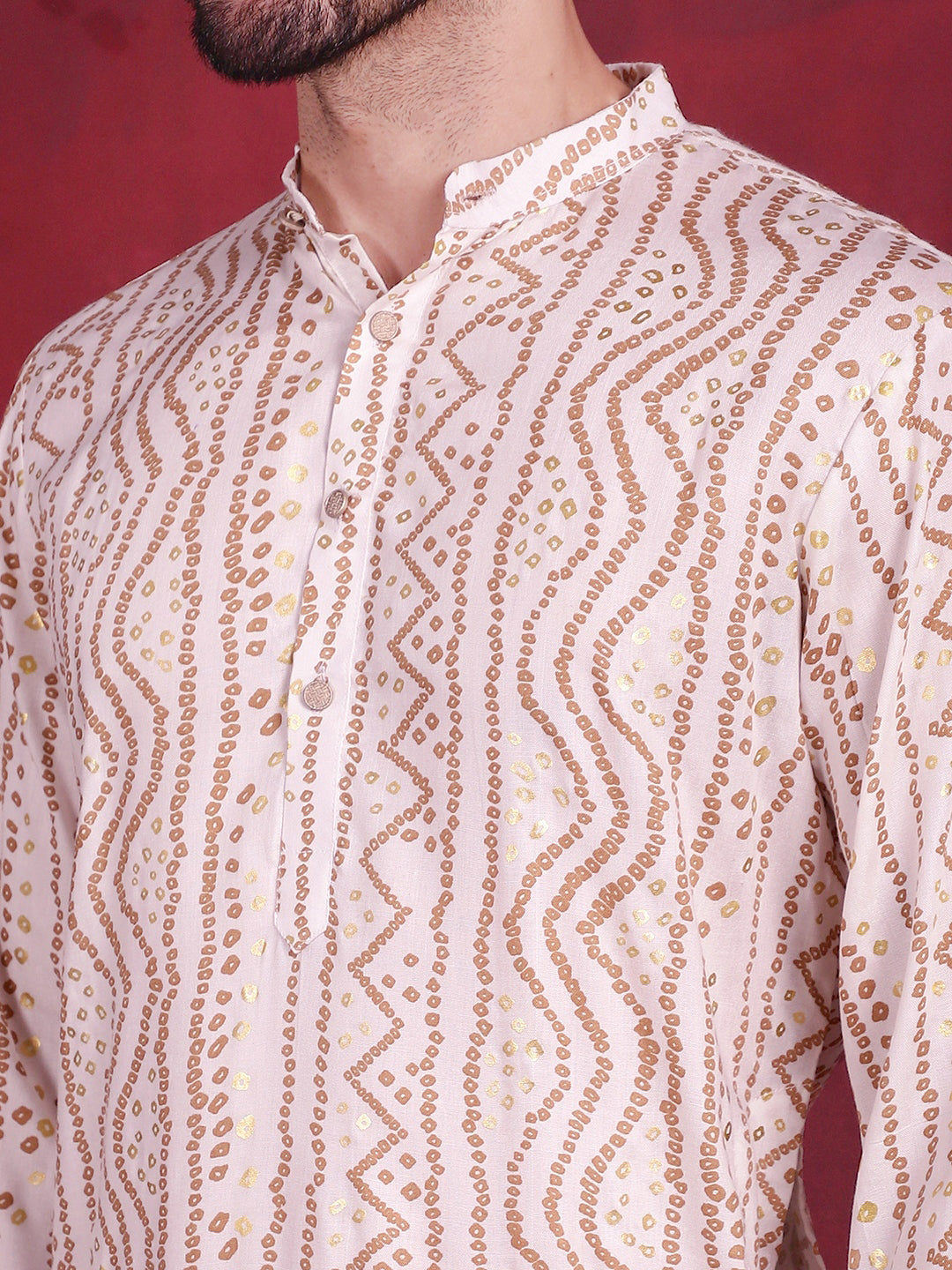 Men's Bandhani Printed Kurta with Pyjama ( JOKP P 5016 Cream )