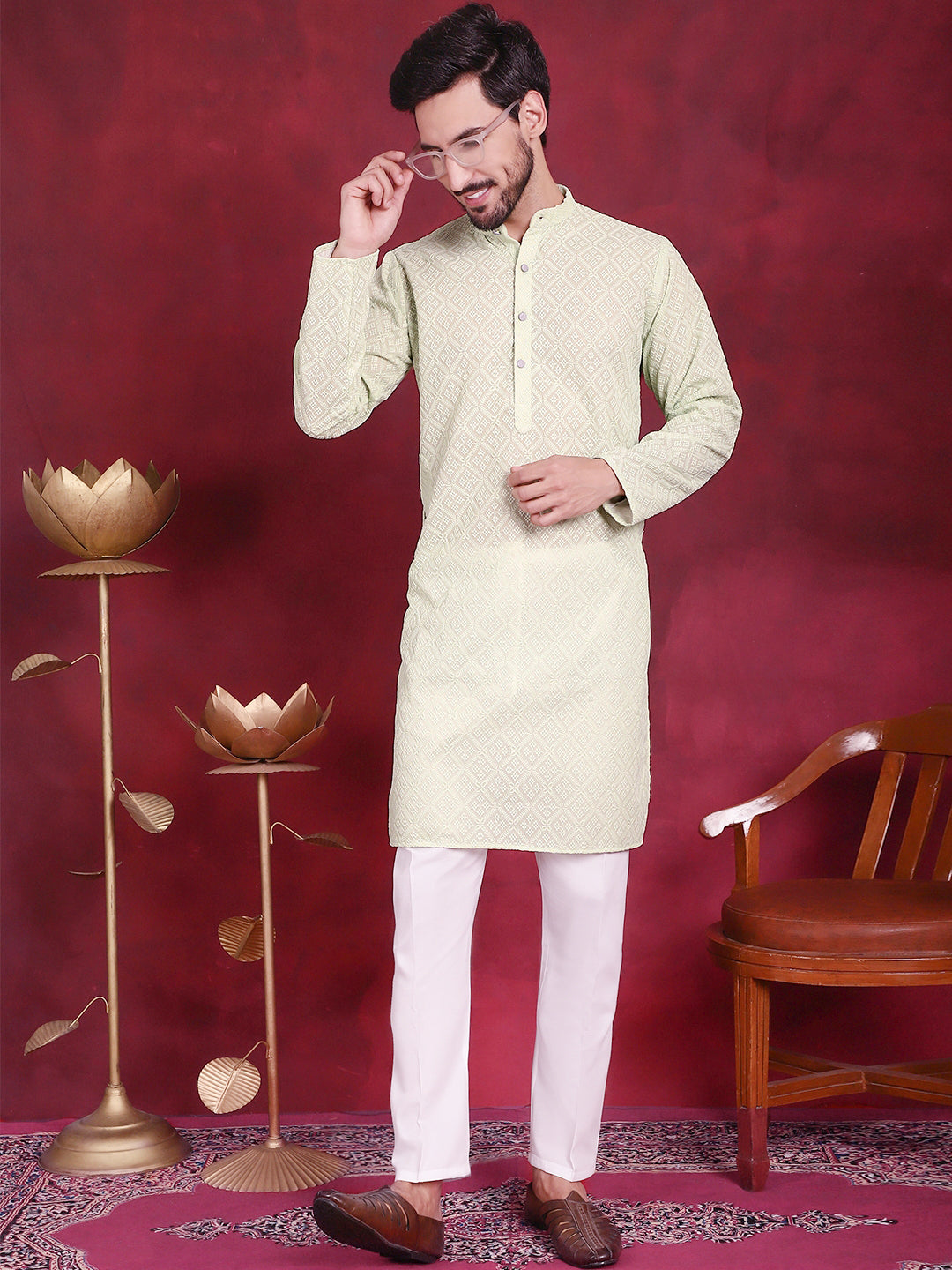 Chikankari Embroidered Kurta with Pyjama ( JOKP P 5017 Pista )