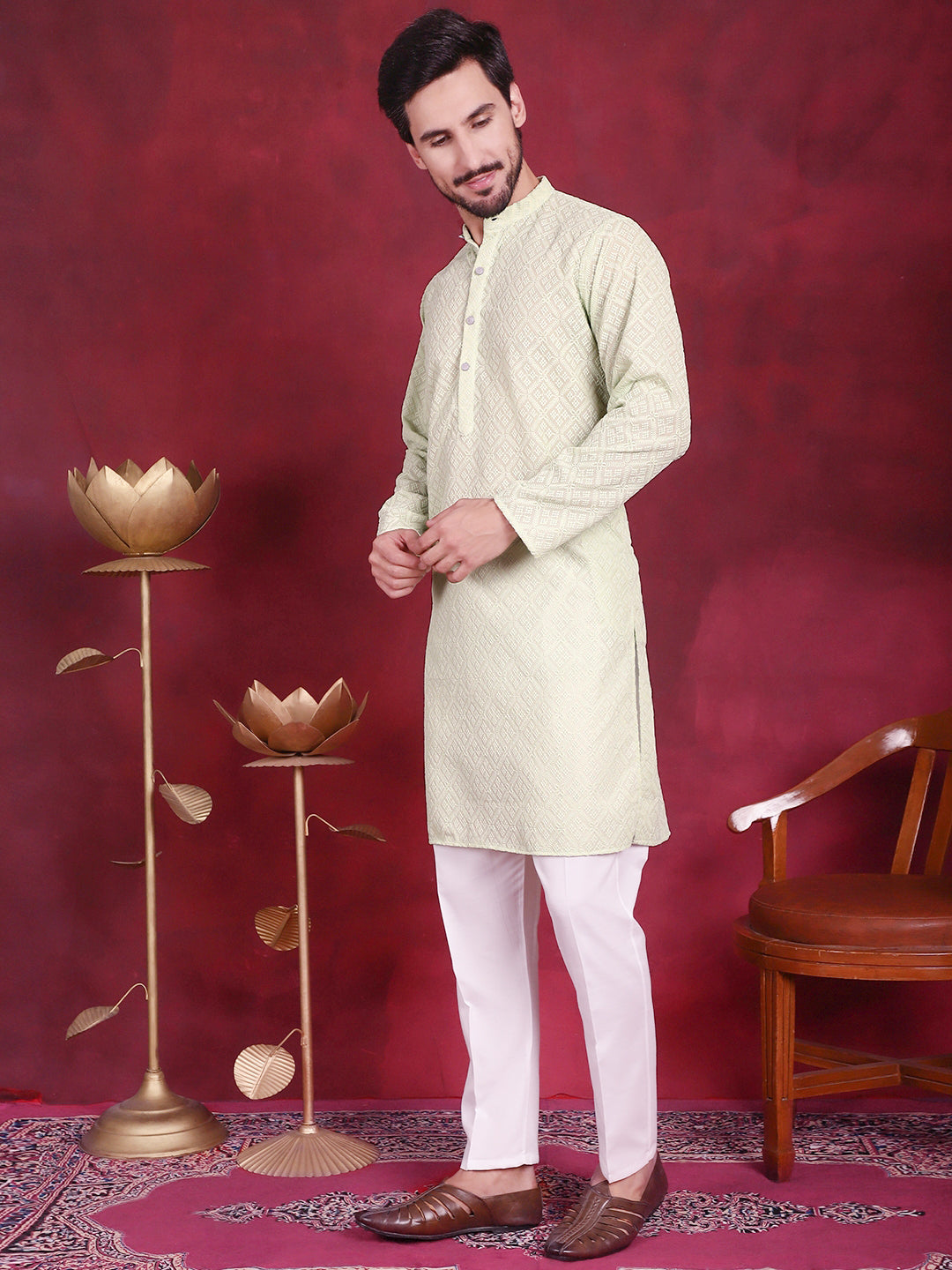 Chikankari Embroidered Kurta with Pyjama ( JOKP P 5017 Pista )