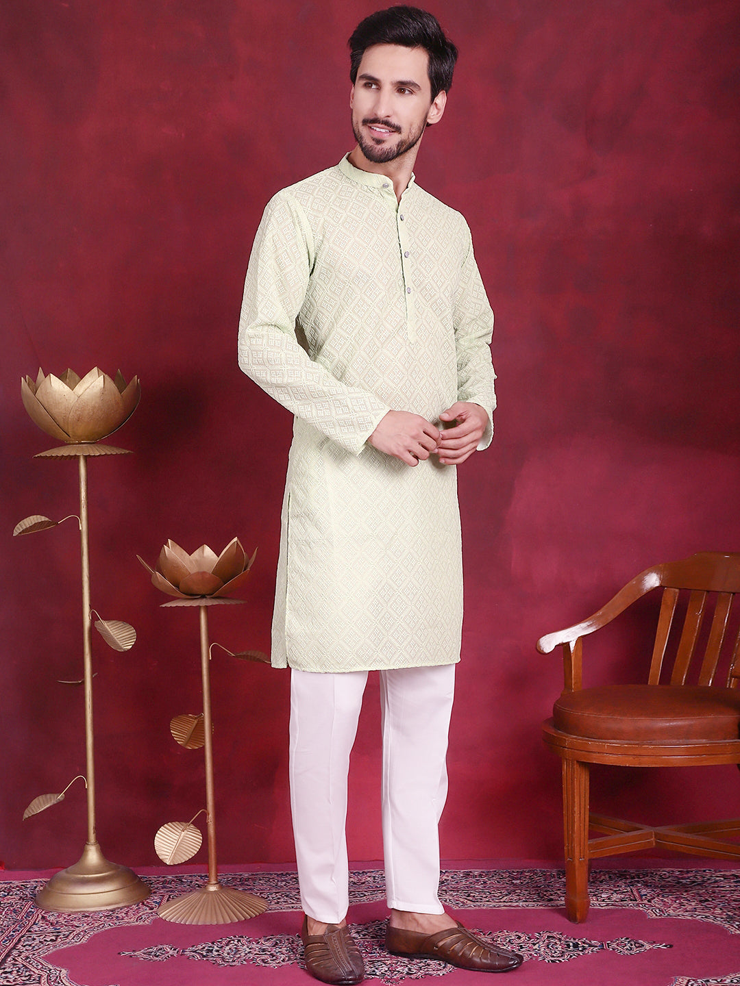 Chikankari Embroidered Kurta with Pyjama ( JOKP P 5017 Pista )