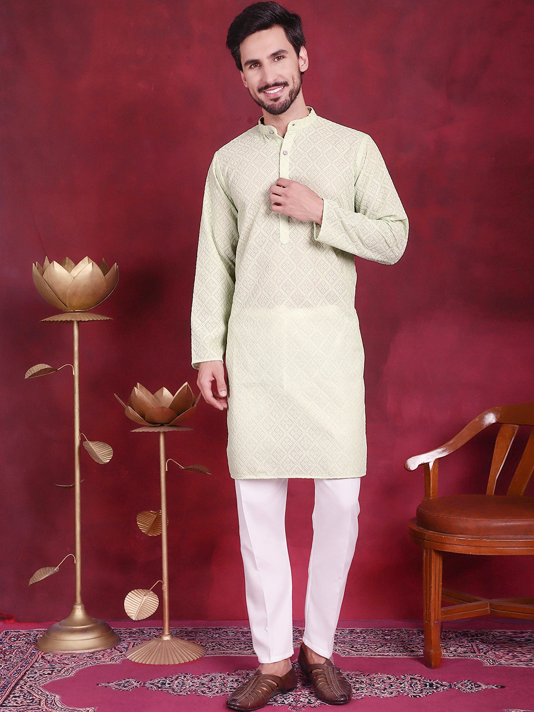 Chikankari Embroidered Kurta with Pyjama ( JOKP P 5017 Pista )