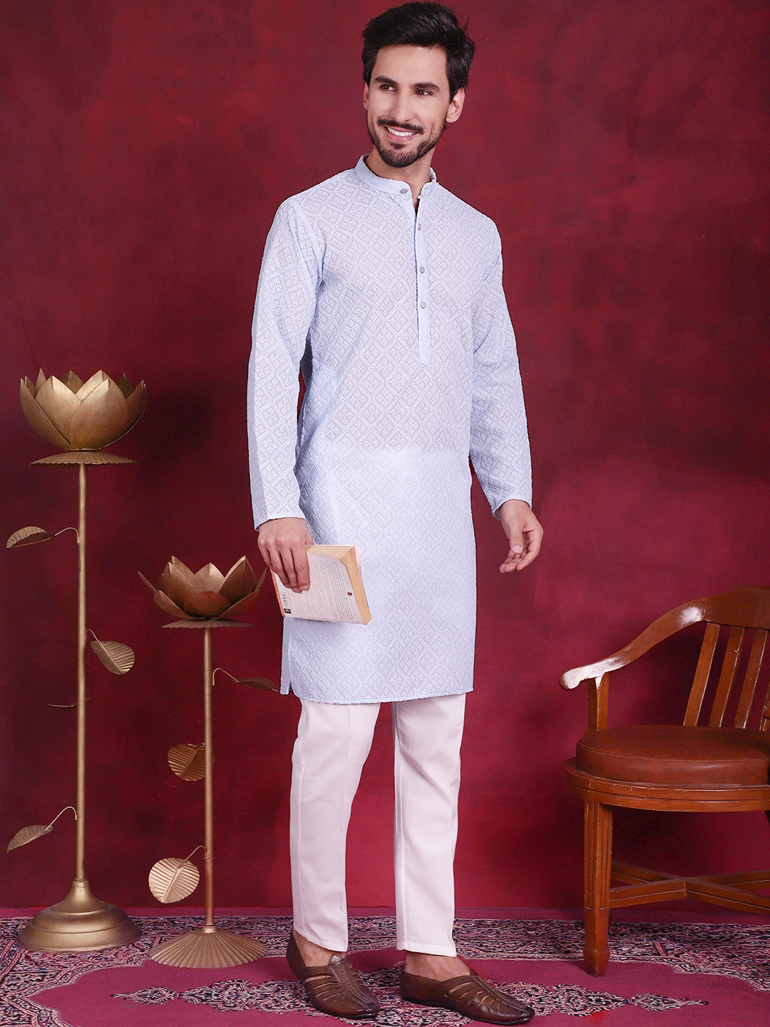 Chikankari Embroidered Kurta with Pyjama ( JOKP P 5017 Sky )