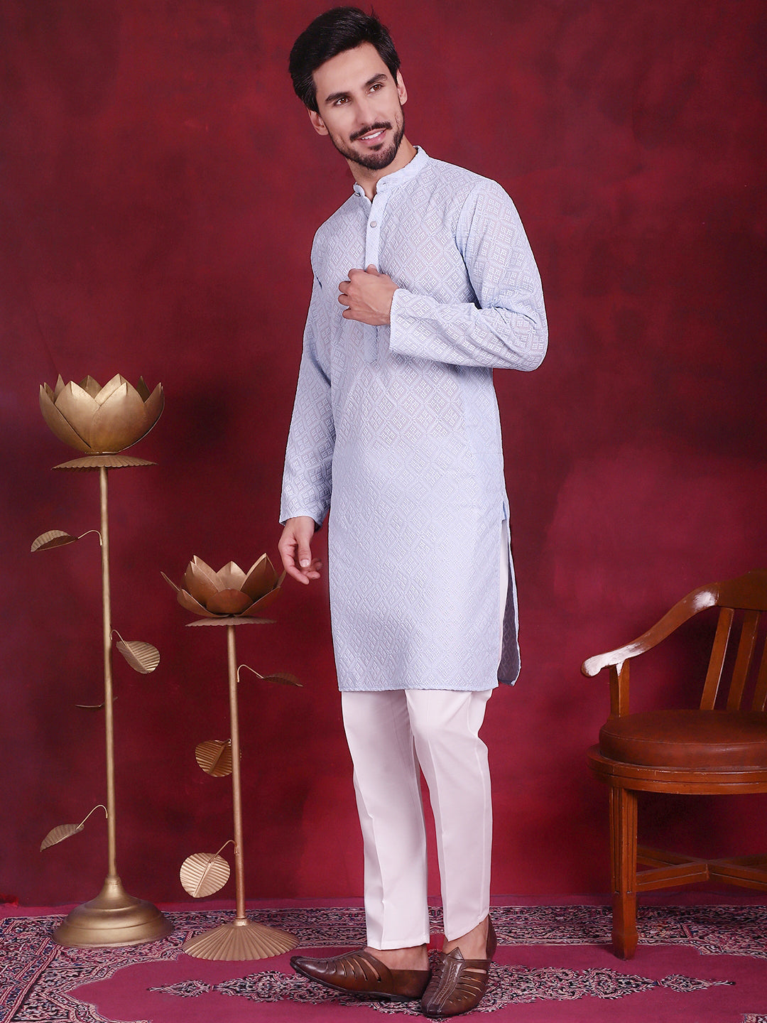 Chikankari Embroidered Kurta with Pyjama ( JOKP P 5017 Sky )