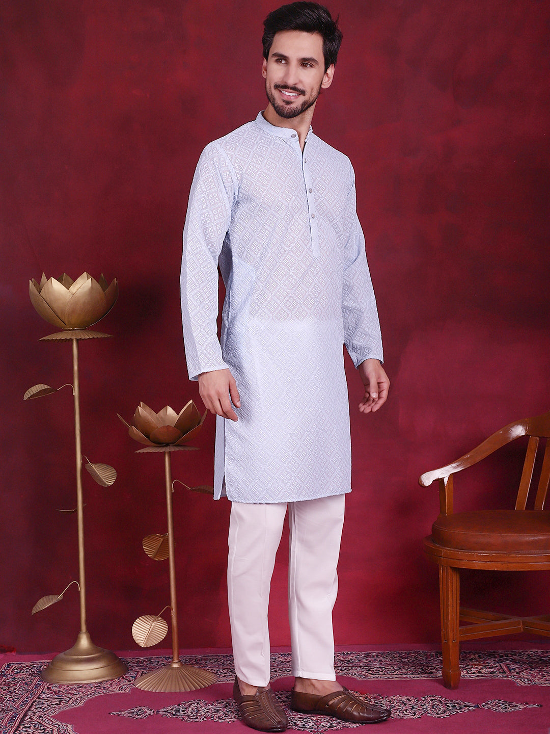 Chikankari Embroidered Kurta with Pyjama ( JOKP P 5017 Sky )