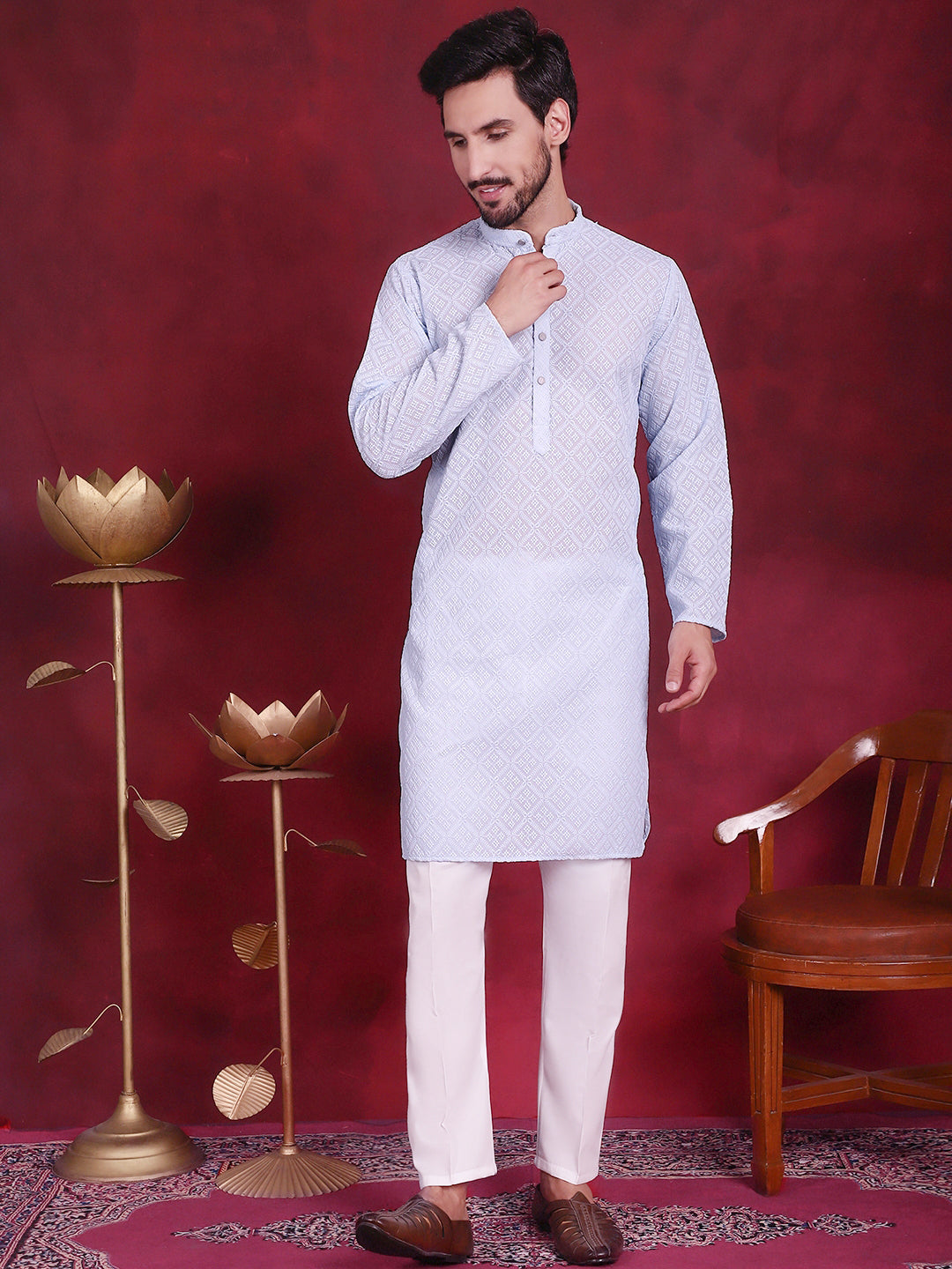 Chikankari Embroidered Kurta with Pyjama ( JOKP P 5017 Sky )