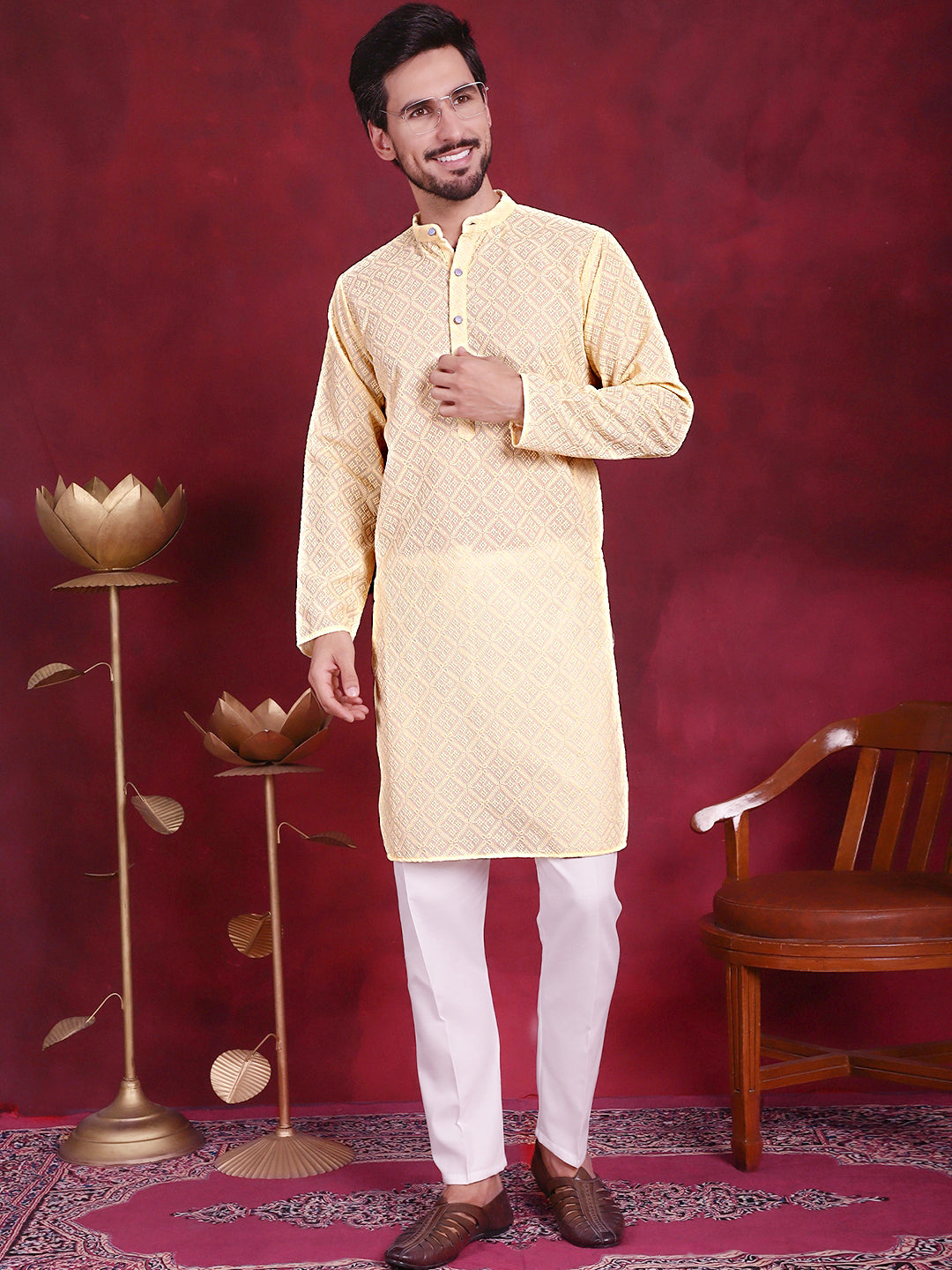 Chikankari Embroidered Kurta with Pyjama ( JOKP P 5017 Yellow )