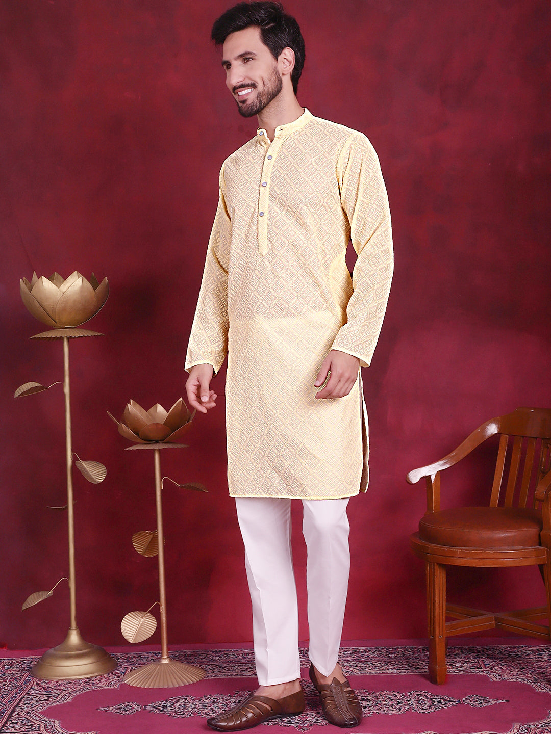 Chikankari Embroidered Kurta with Pyjama ( JOKP P 5017 Yellow )