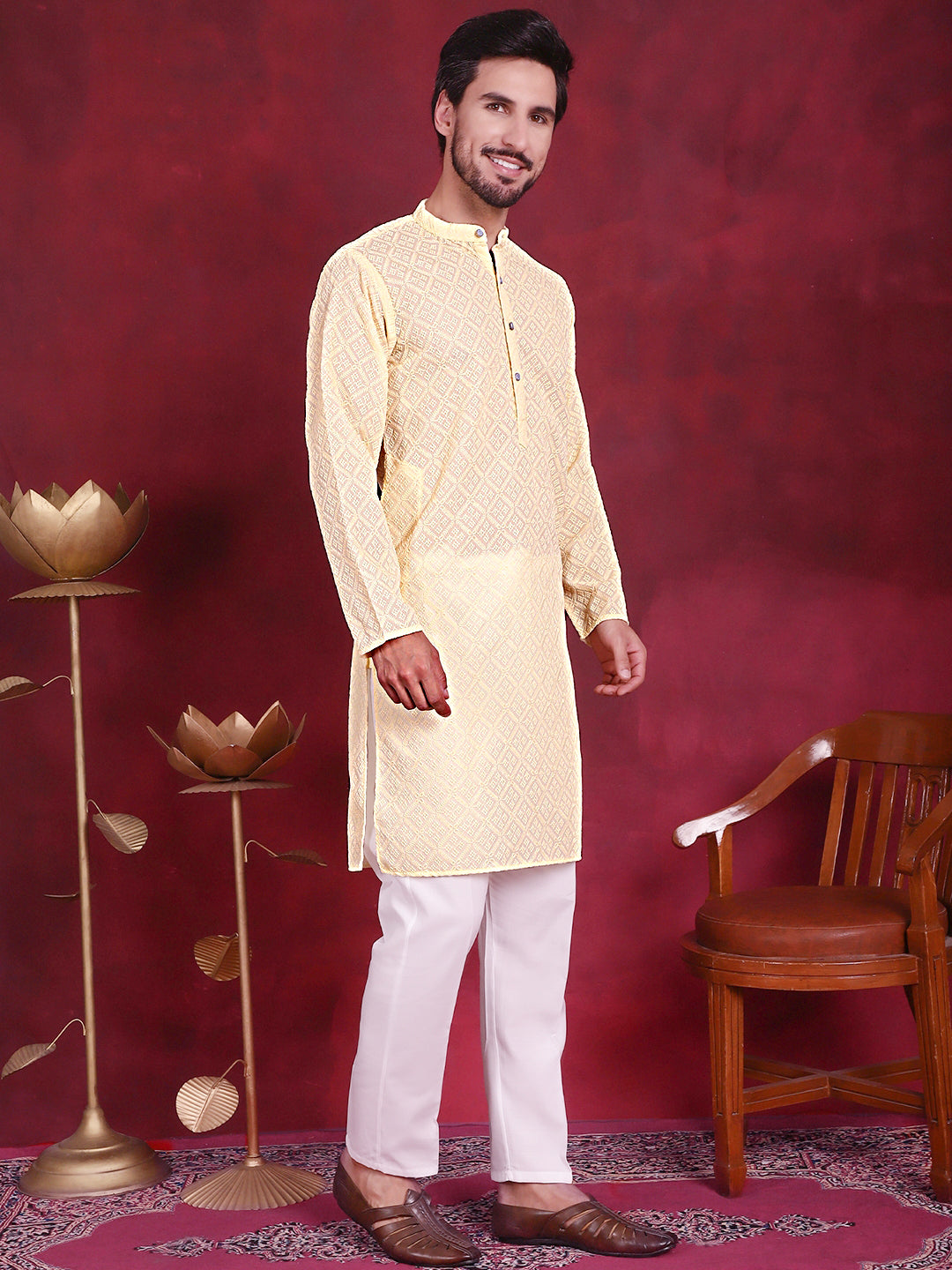 Chikankari Embroidered Kurta with Pyjama ( JOKP P 5017 Yellow )