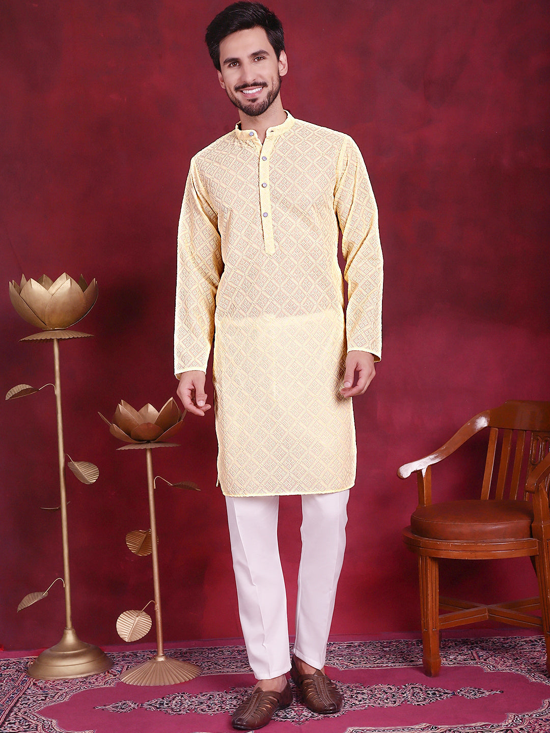 Chikankari Embroidered Kurta with Pyjama ( JOKP P 5017 Yellow )