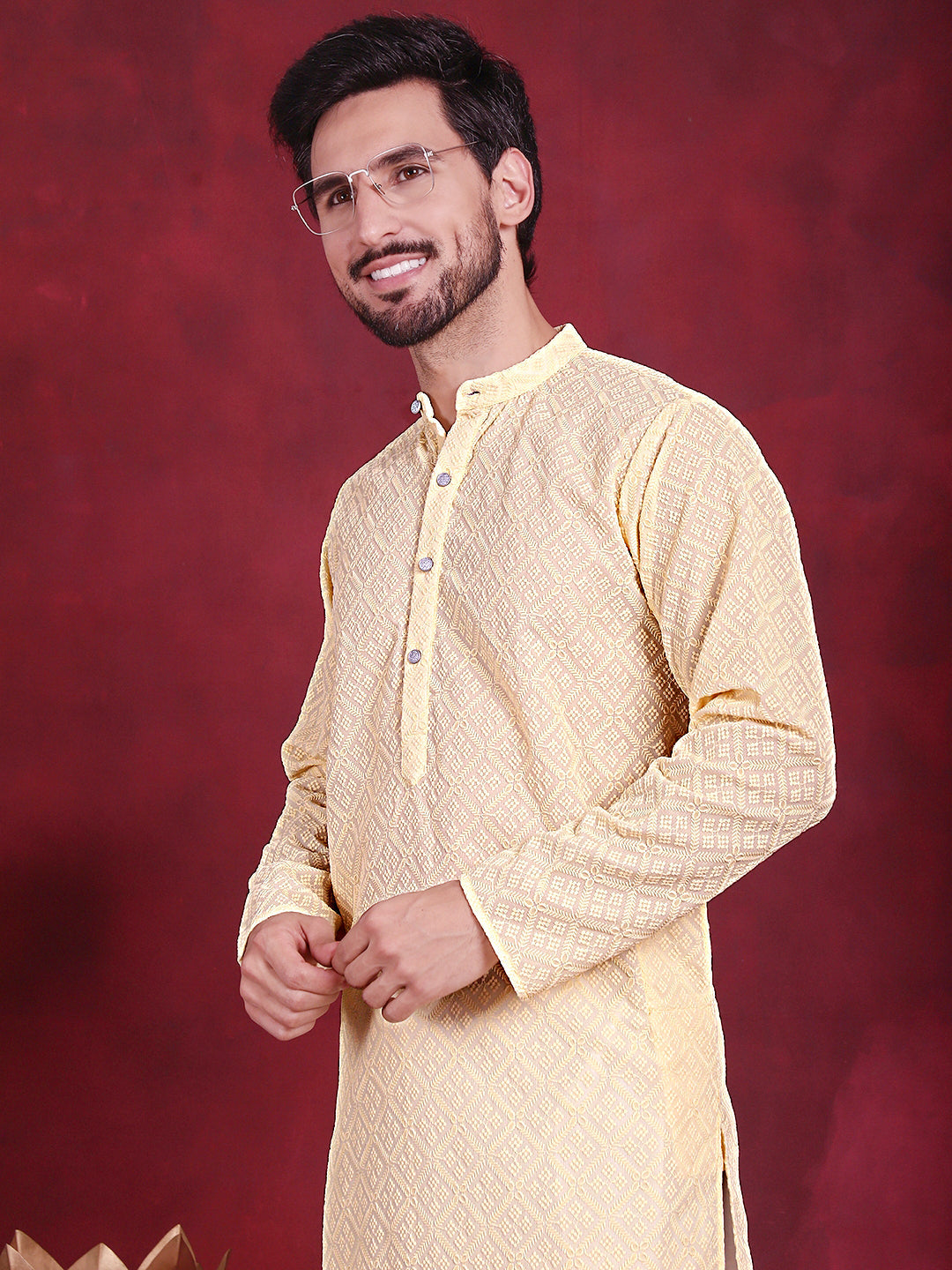 Chikankari Embroidered Kurta with Pyjama ( JOKP P 5017 Yellow )