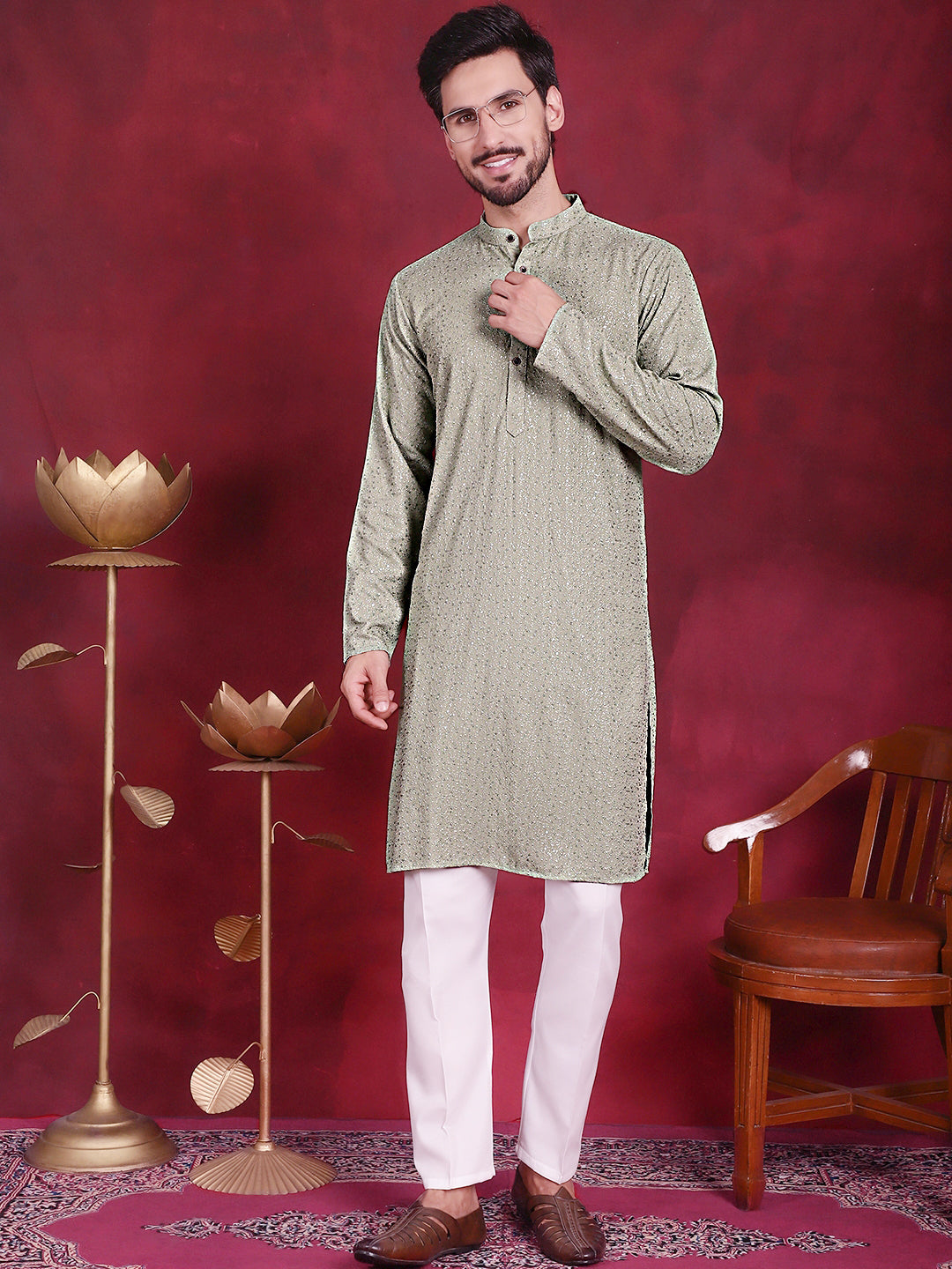 Sequins Chikankari Kurta with Pyjama ( JOKP P 5018 Pista )