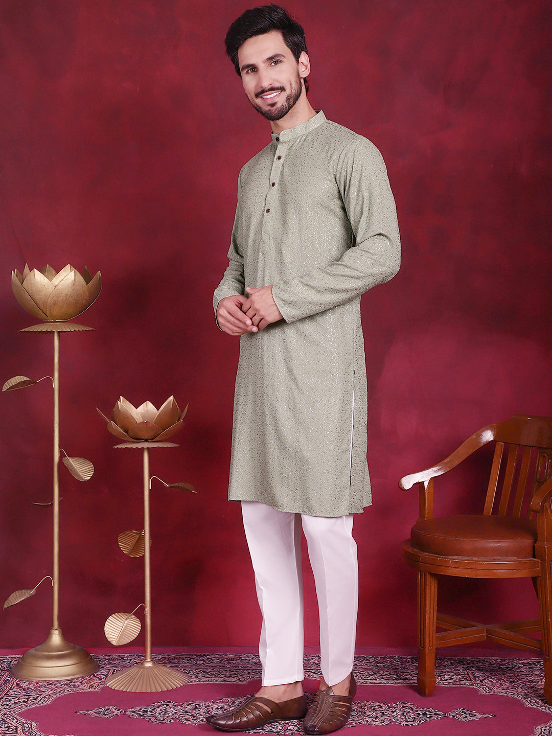 Sequins Chikankari Kurta with Pyjama ( JOKP P 5018 Pista )