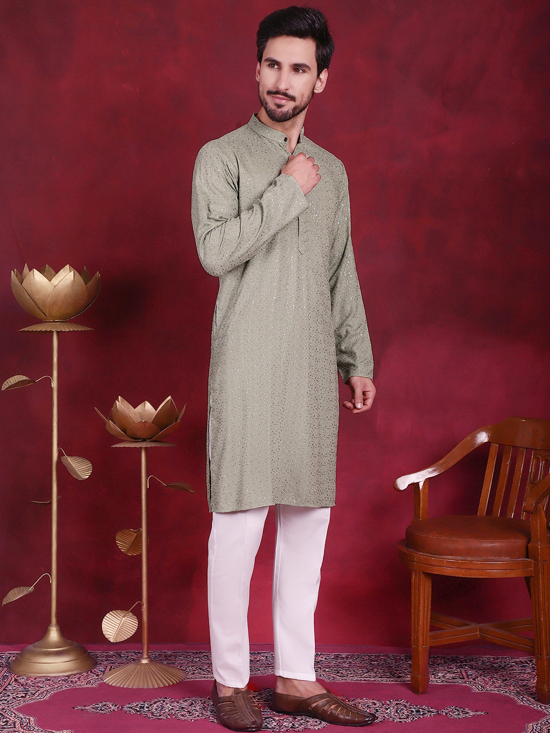 Sequins Chikankari Kurta with Pyjama ( JOKP P 5018 Pista )