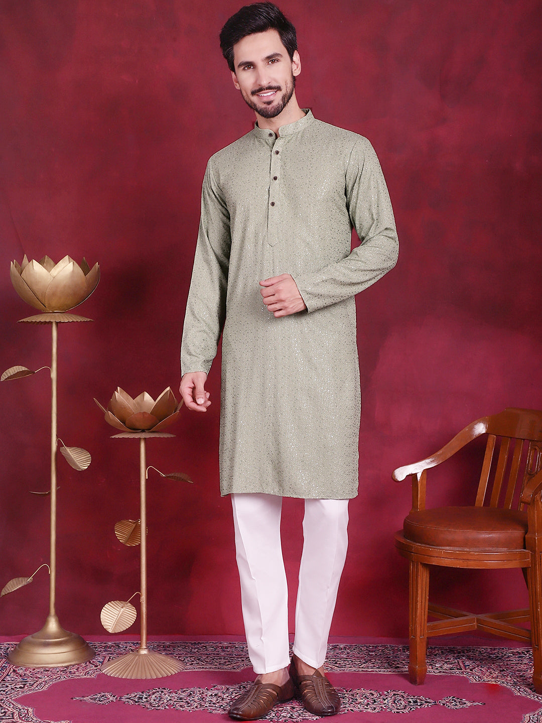 Sequins Chikankari Kurta with Pyjama ( JOKP P 5018 Pista )
