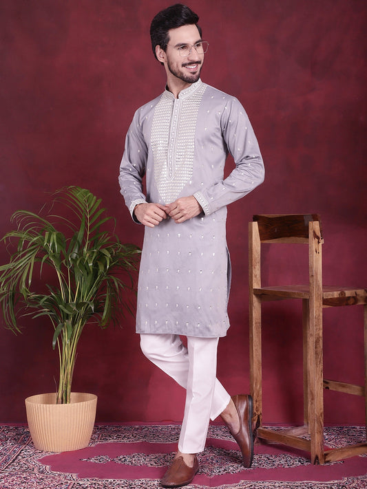 Men's Sequins Embroidered Kurta Pyjama Set ( JOKP P 5019 Grey )