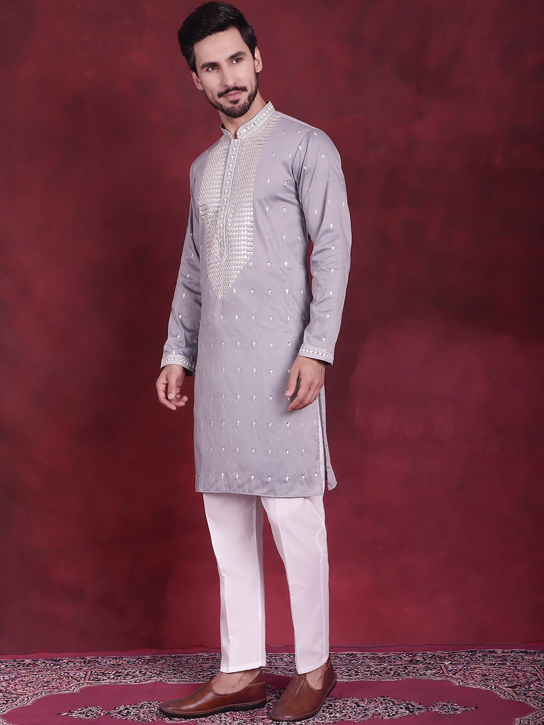 Men's Sequins Embroidered Kurta Pyjama Set ( JOKP P 5019 Grey )