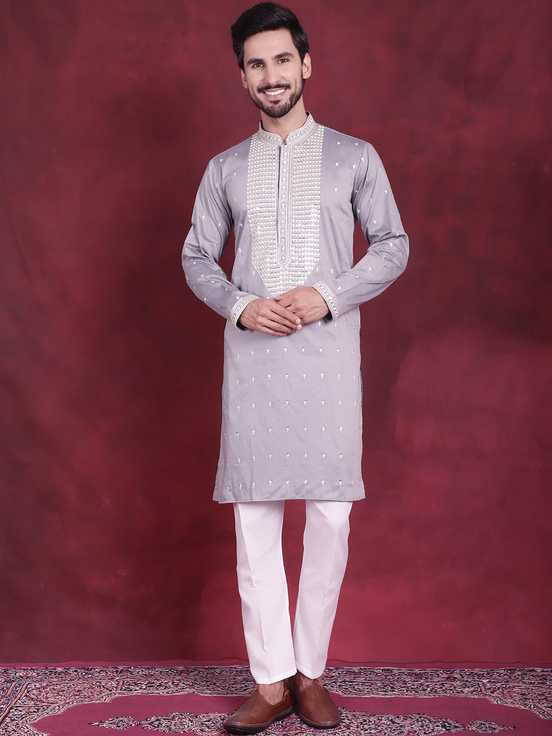 Men's Sequins Embroidered Kurta Pyjama Set ( JOKP P 5019 Grey )