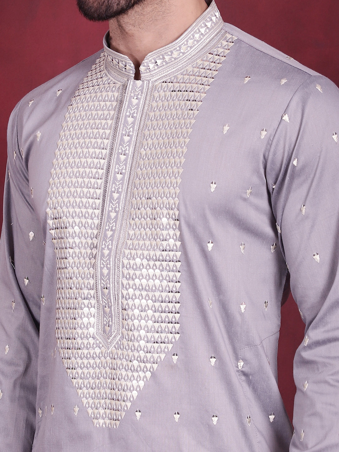 Men's Sequins Embroidered Kurta Pyjama Set ( JOKP P 5019 Grey )