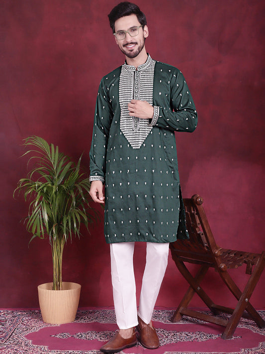 Men's Sequins Embroidered Kurta Pyjama Set ( JOKP P 5019 Olive )