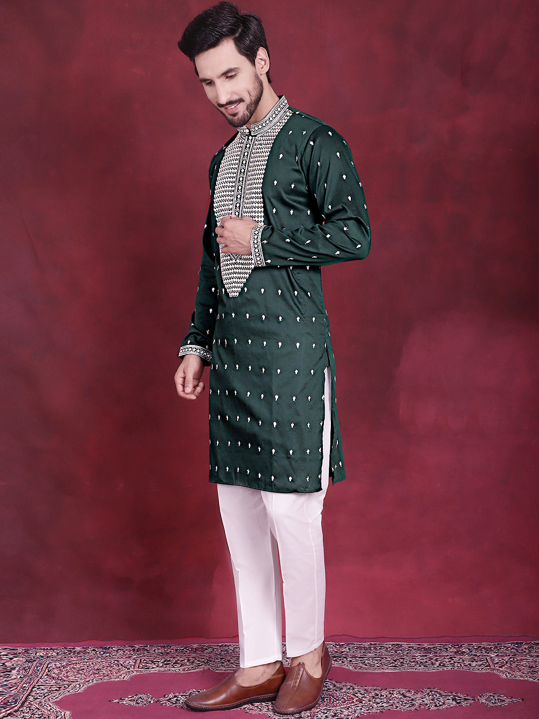 Men's Sequins Embroidered Kurta Pyjama Set ( JOKP P 5019 Olive )