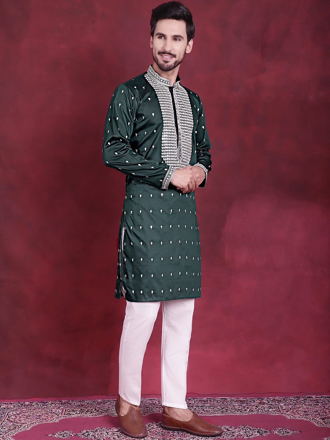 Men's Sequins Embroidered Kurta Pyjama Set ( JOKP P 5019 Olive )