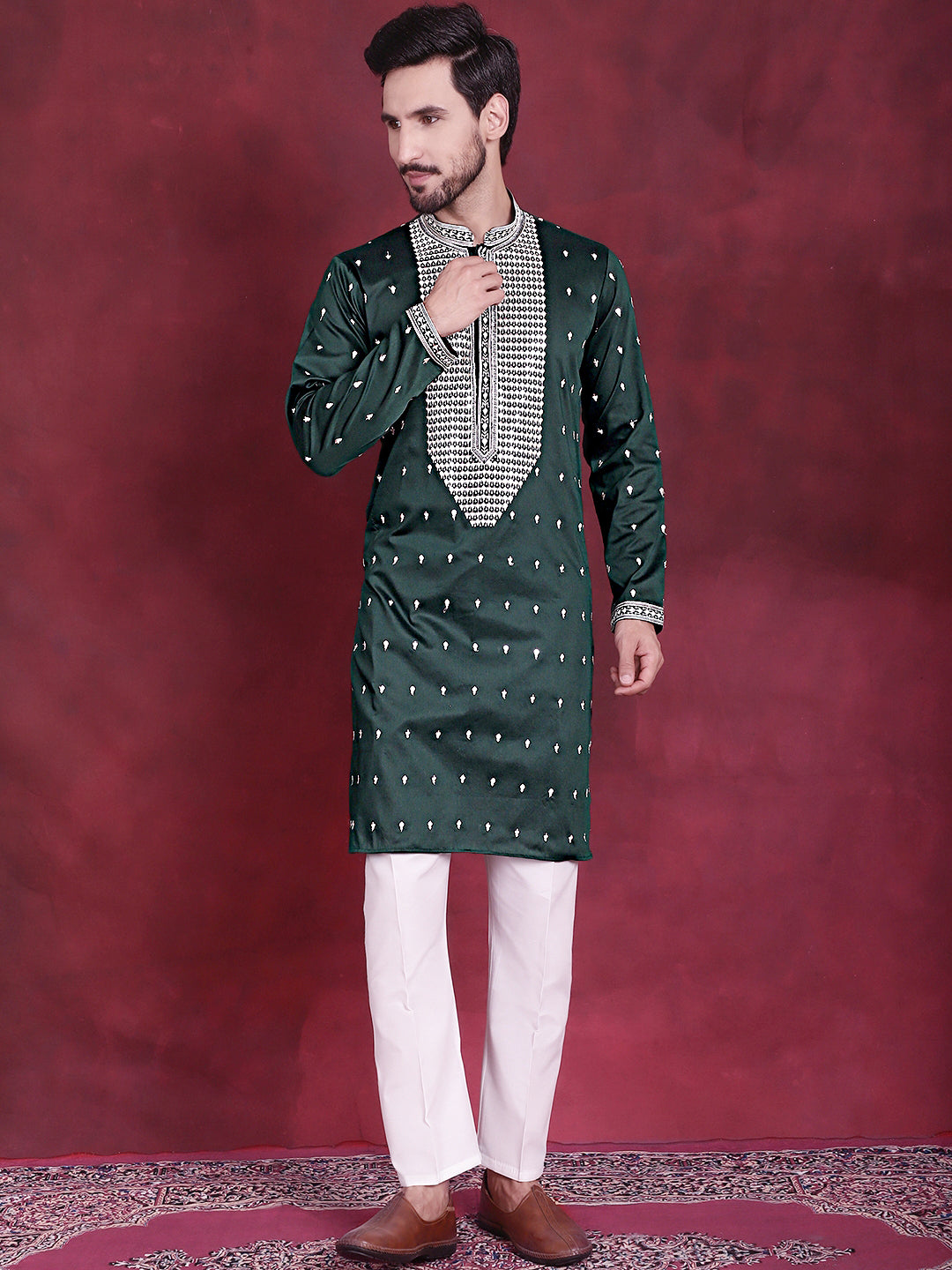 Men's Sequins Embroidered Kurta Pyjama Set ( JOKP P 5019 Olive )