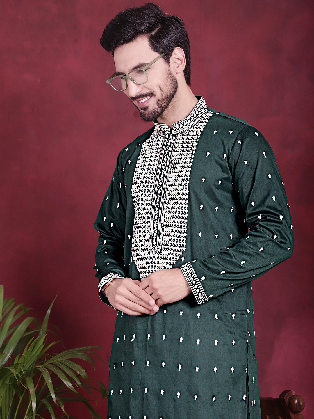 Men's Sequins Embroidered Kurta Pyjama Set ( JOKP P 5019 Olive )