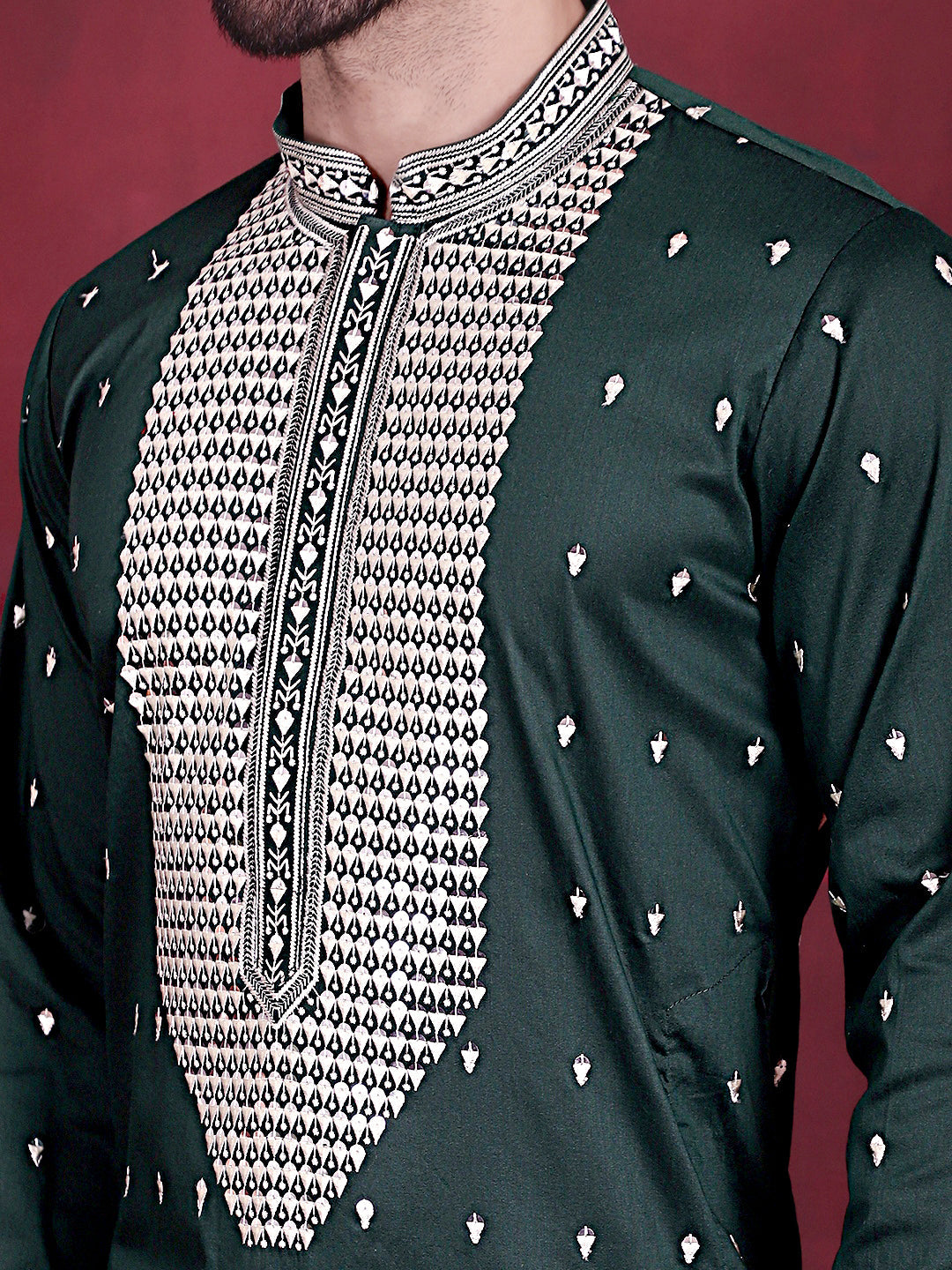 Men's Sequins Embroidered Kurta Pyjama Set ( JOKP P 5019 Olive )