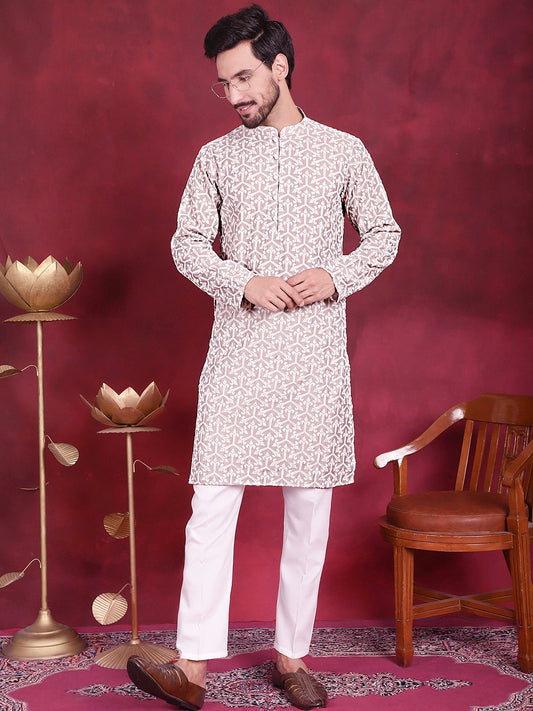 Men's Chikankari Embroidered Kurta Pyjama Set ( JOKP P 5020 Grey )