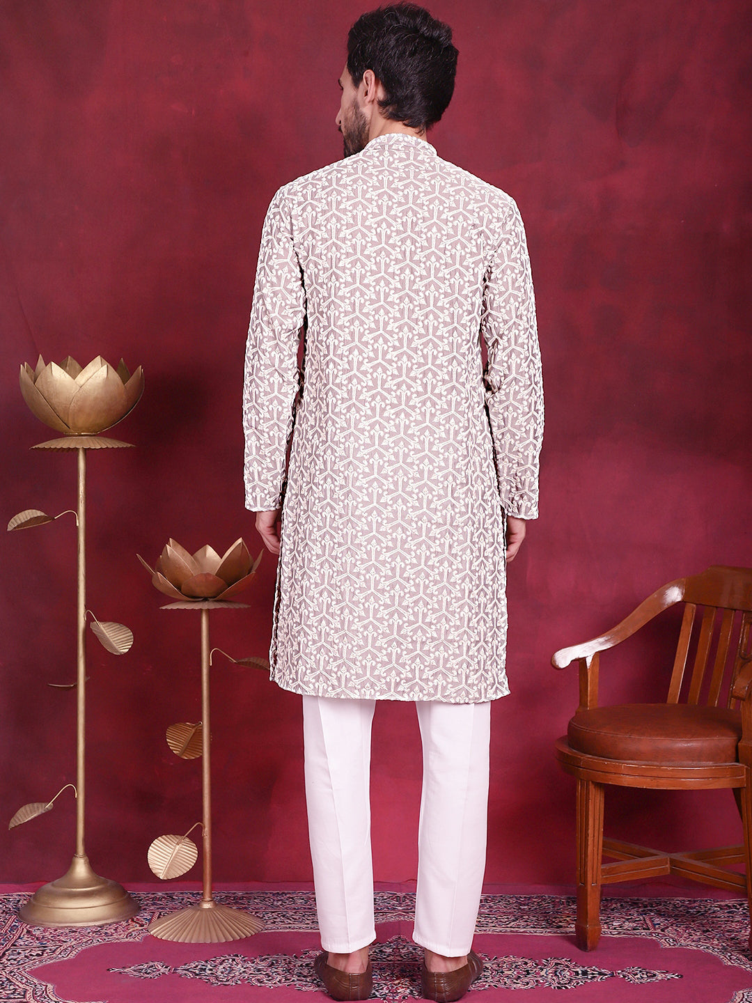 Men's Chikankari Embroidered Kurta Pyjama Set ( JOKP P 5020 Grey )