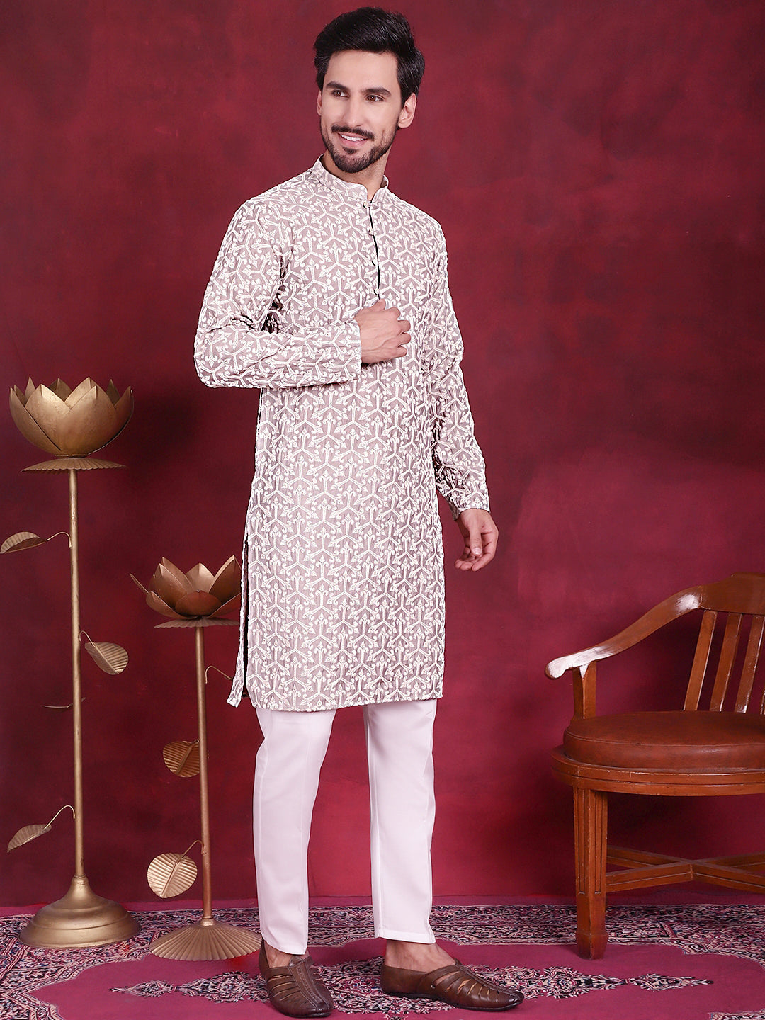 Men's Chikankari Embroidered Kurta Pyjama Set ( JOKP P 5020 Grey )