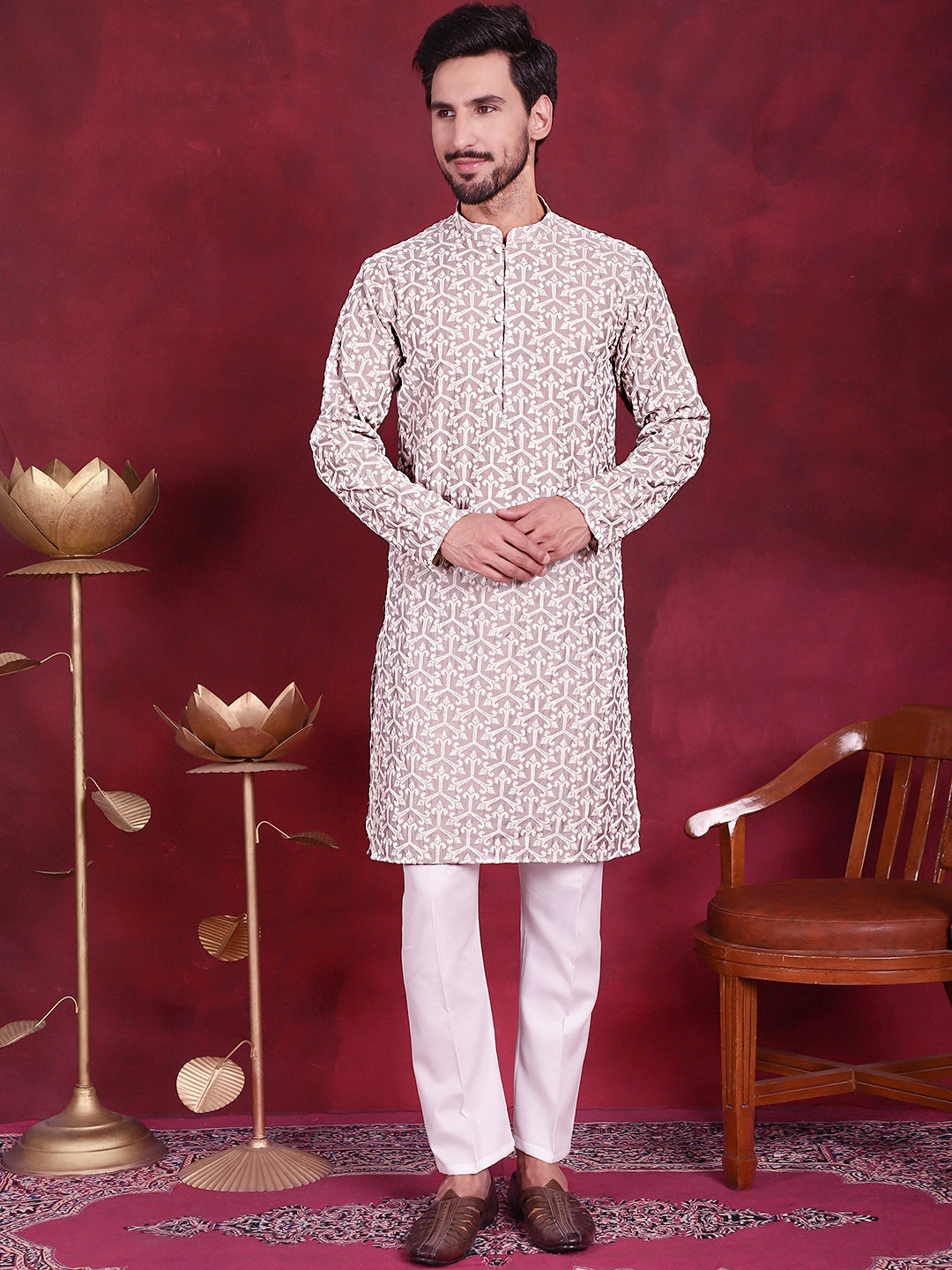 Men's Chikankari Embroidered Kurta Pyjama Set ( JOKP P 5020 Grey )