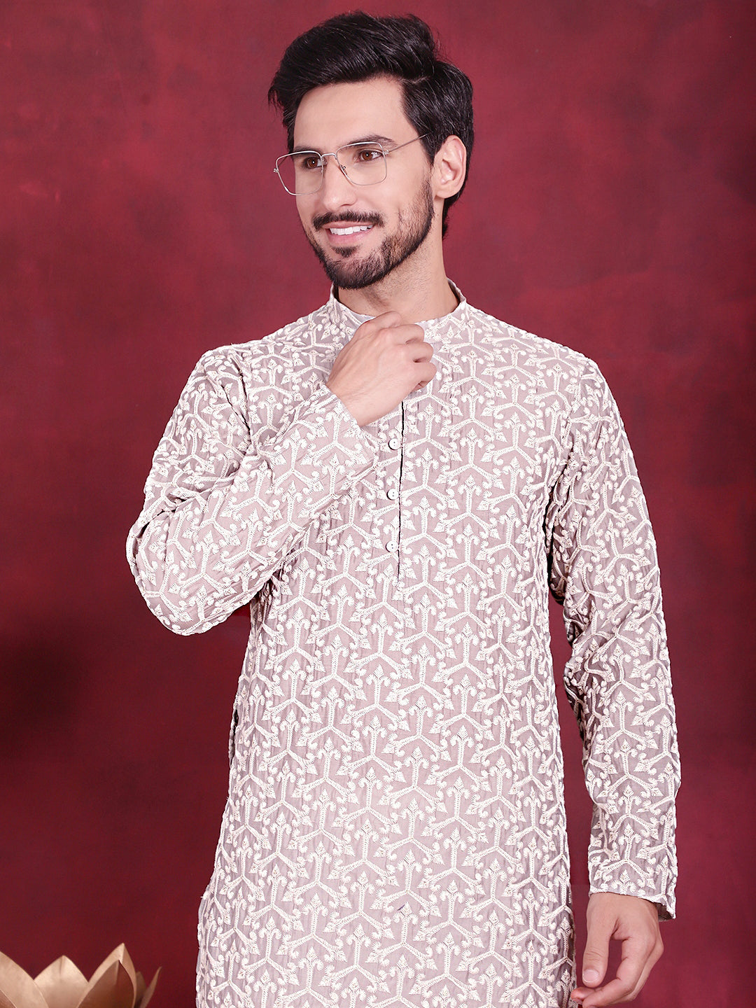 Men's Chikankari Embroidered Kurta Pyjama Set ( JOKP P 5020 Grey )