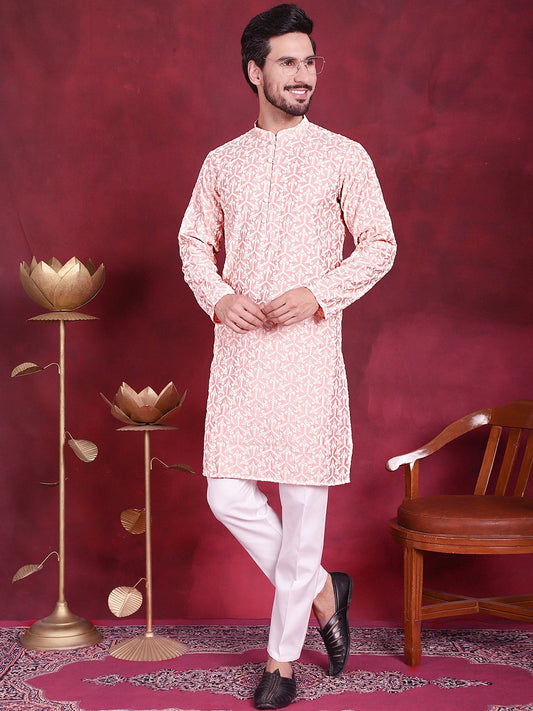 Men's Chikankari Embroidered Kurta Pyjama Set ( JOKP P 5020 Pink )