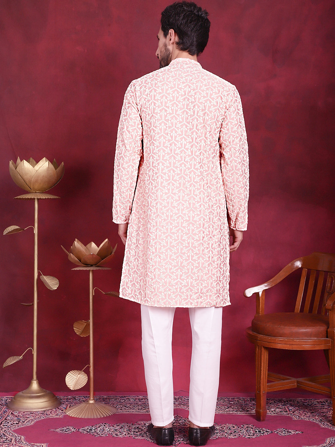 Men's Chikankari Embroidered Kurta Pyjama Set ( JOKP P 5020 Pink )