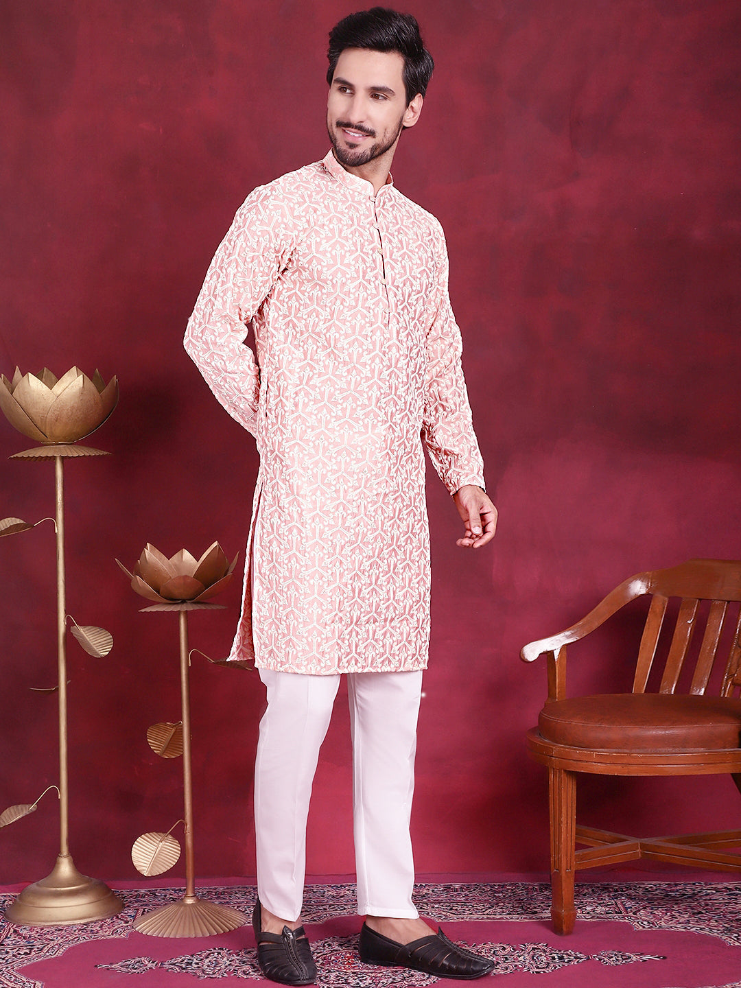 Men's Chikankari Embroidered Kurta Pyjama Set ( JOKP P 5020 Pink )